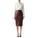 Model wearing deep reddish brown faux leather pencil skirt with new design for professional wear