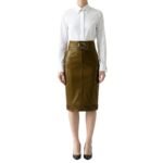 Model wearing dark brown faux leather pencil skirt with new design for professional wear
