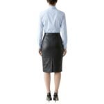 Back view of model wearing smooth faux leather pencil skirt showing design and fit