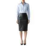 Front view of model wearing smooth faux leather pencil skirt for corporate wear