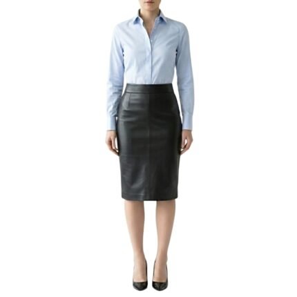 Front view of model wearing smooth faux leather pencil skirt for corporate wear