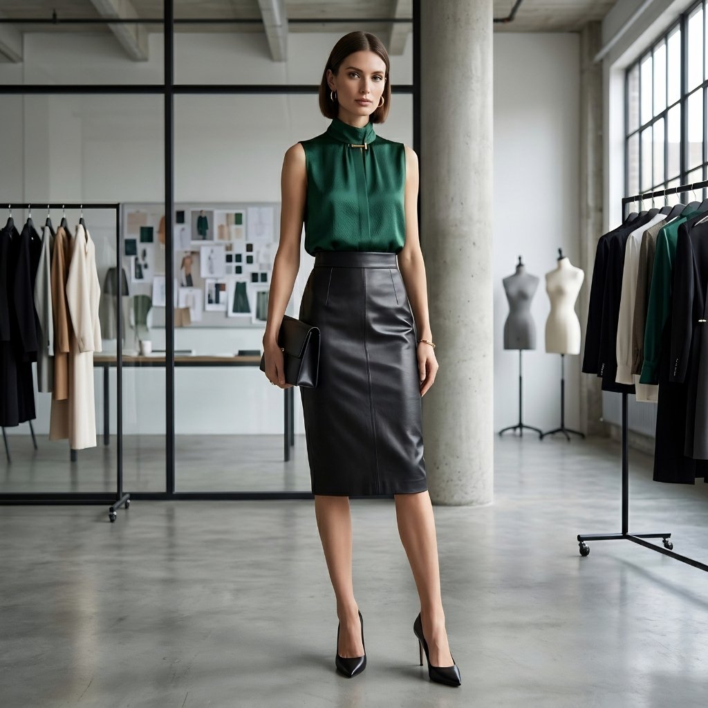 Model wearing smooth faux leather pencil skirt in fashionable setting