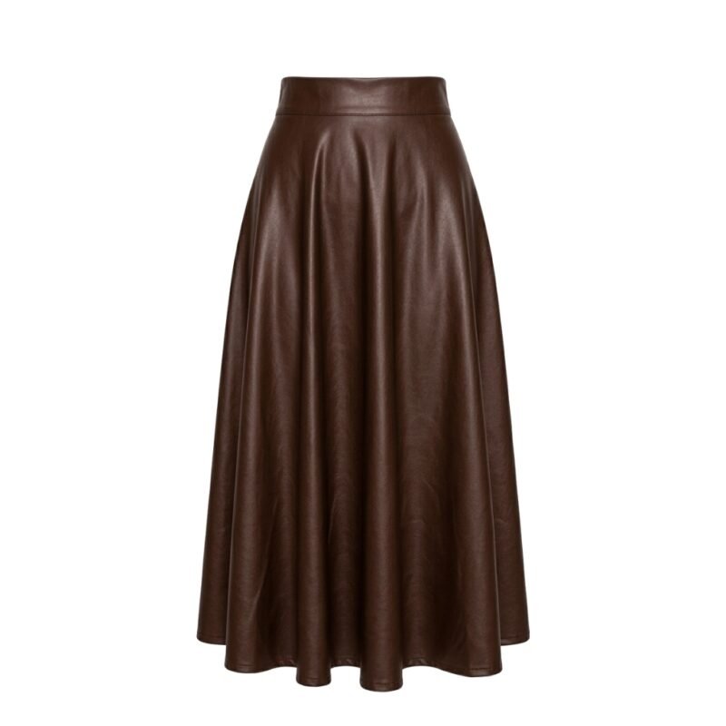 Brown leather pleated mini skirt with high waist