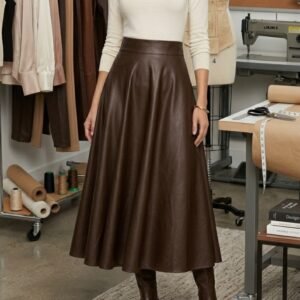 Model wearing leather pleated skirt in studio sample room
