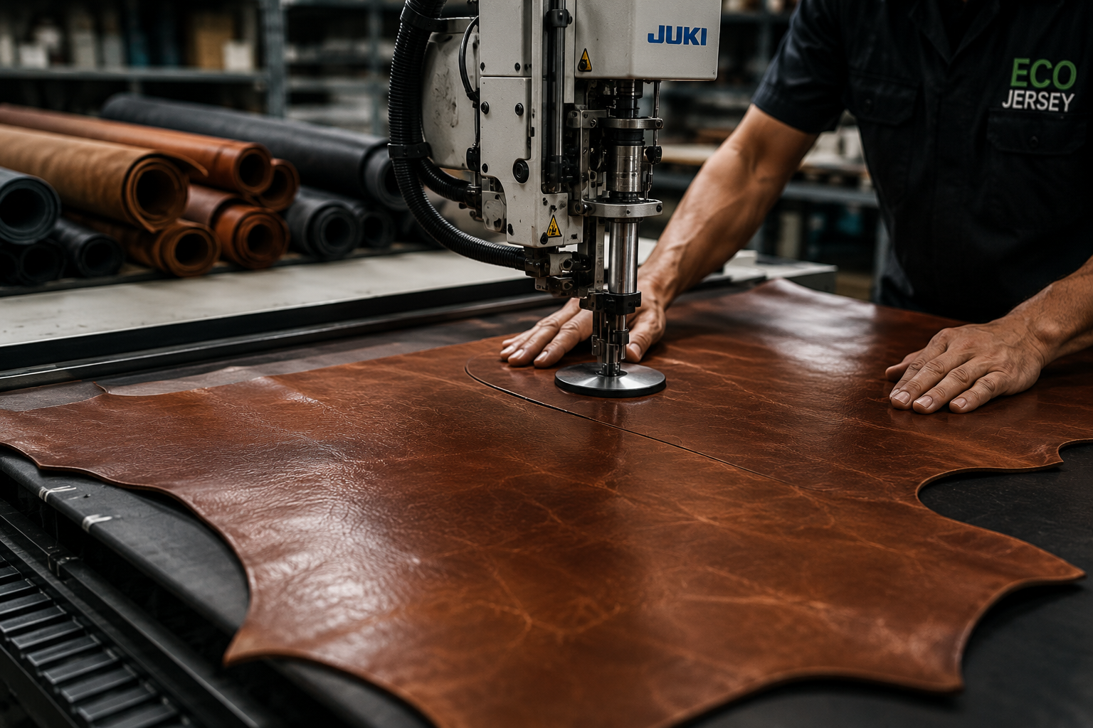 Leather cutting in eco jersey leather production hall