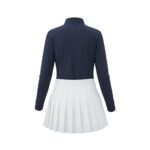 Back view of a women’s quarter‑zip long sleeve golf dress, showing the clean back panel, fitted long sleeves, and above‑the‑knee hemline designed for easy movement on the course.