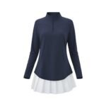 Front view of a women’s quarter‑zip long sleeve golf dress in performance fabric, featuring a stand collar, fitted long sleeves, and a tailored A‑line silhouette falling above the knee.