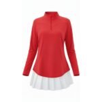 Front view of a women’s red quarter‑zip long sleeve golf dress on a model, featuring a stand collar, fitted long sleeves, and an above‑the‑knee athletic silhouette in bold red performance fabric.