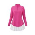 Front view of a women’s pink quarter‑zip long sleeve golf dress on a model, featuring a stand collar, fitted long sleeves, and an above‑the‑knee athletic silhouette in soft pink performance fabric.
