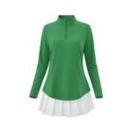 Front view of a women’s green quarter‑zip long sleeve golf dress on a model, featuring a stand collar, fitted long sleeves, and an above‑the‑knee A‑line silhouette in rich green performance fabric.