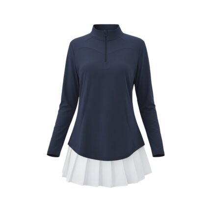 Front view of a women’s quarter‑zip long sleeve golf dress in performance fabric, featuring a stand collar, fitted long sleeves, and a tailored A‑line silhouette falling above the knee.