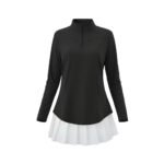 Front view of a women’s quarter‑zip long sleeve golf dress on a model, showing the stand collar, fitted long sleeves, and above‑the‑knee hemline designed for performance golf wear.