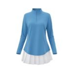 Front view of a women’s quarter‑zip long sleeve golf dress on a model, showing the stand collar, fitted long sleeves, and above‑the‑knee A‑line silhouette designed for on‑course performance wear.