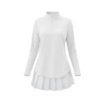Front view of a women’s white quarter‑zip long sleeve golf dress on a model, featuring a stand collar, fitted long sleeves, and an above‑the‑knee A‑line silhouette in crisp white performance fabric.