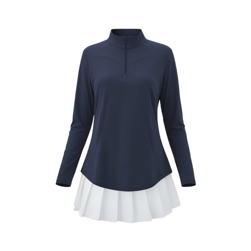 Front view of a women’s quarter‑zip long sleeve golf dress in performance fabric, featuring a stand collar, fitted long sleeves, and a tailored A‑line silhouette falling above the knee.