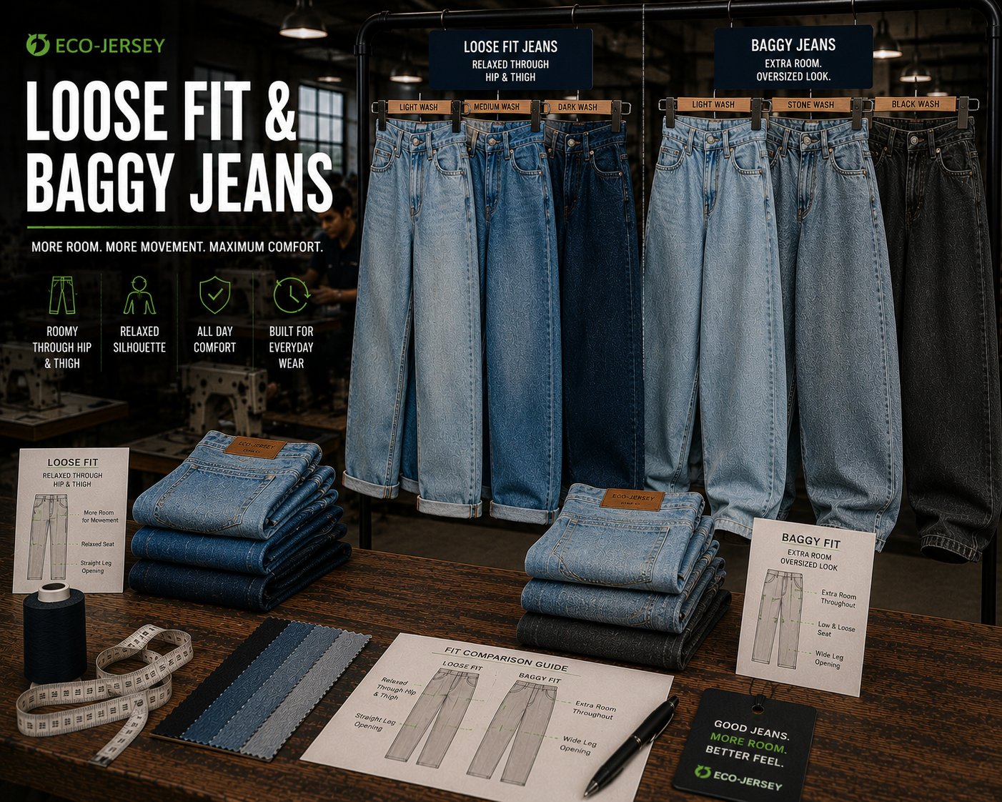 Custom loose fit and baggy denim jeans for trendy casual wear, manufactured by Eco Jersey Limited