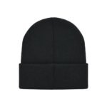 A close-up shot of a black knit beanie hat with a folded brim and rounded crown against a white background.