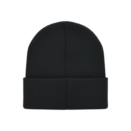 A close-up shot of a black knit beanie hat with a folded brim and rounded crown against a white background.