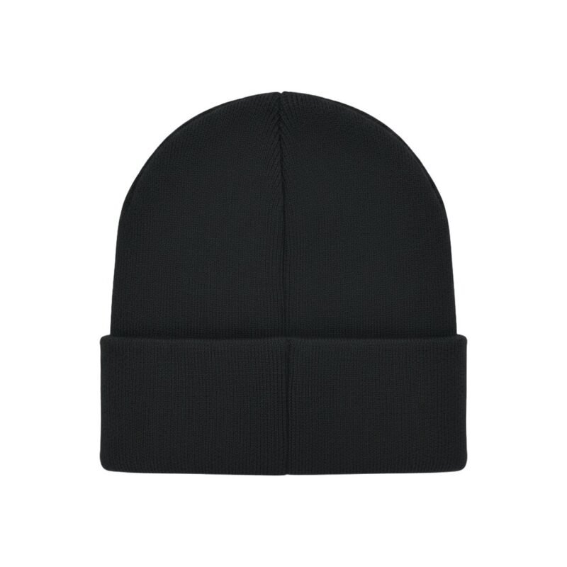 A close-up shot of a black knit beanie hat with a folded brim and rounded crown against a white background.