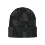A beanie hat with a camouflage pattern in shades of black, gray, and dark green, featuring a folded brim on a white background.