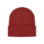 A solid red knit beanie hat with a folded brim and rounded crown, displayed on a white background.