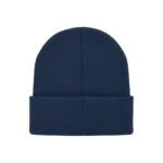 A dark blue knit beanie hat with a folded brim and rounded crown, centered on a white background.