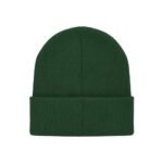 A close-up studio shot of a dark green knit beanie hat with a folded brim and rounded crown, set against a white background.