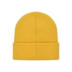 A bright yellow knit beanie hat with a folded brim, photographed against a white background.