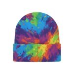 A vibrant tie-dye beanie hat with swirls of blue, purple, orange, yellow, and green on a white background.