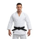 Martial arts model wearing an MMA cotton Jiu Jitsu rank belt tied around the gi, highlighting how the belt sits and looks in use.