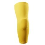 A yellow leg sleeve with a padded knee section, standing upright on a plain white background. The sleeve has a ribbed texture and the knee padding is rounded and slightly raised.