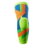 A colorful geometric knee pad sleeve in blue, neon green, and orange, with a padded neon green section at the knee, designed for athletic or mobility use.