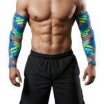 MMA padded arm sleeves in black fabric shown on a mannequin forearm, featuring segmented foam padding and an ECO Jersey logo tag.