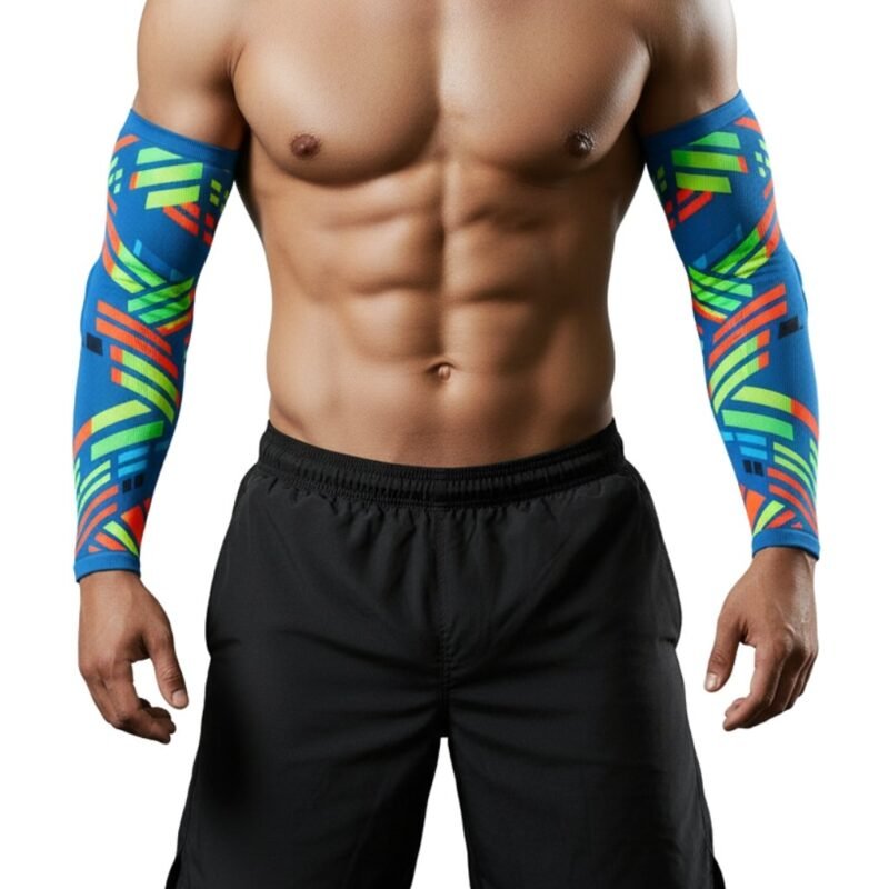 MMA padded arm sleeves in black fabric shown on a mannequin forearm, featuring segmented foam padding and an ECO Jersey logo tag.