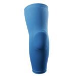 A close-up studio shot of a blue knee sleeve protector on a white background. The sleeve is made of ribbed, stretchy material with a padded section over the knee.
