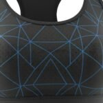 MMA sports bra on a mannequin torso, showing a scoop neckline, wide shoulder straps, and a smooth, supportive front panel.