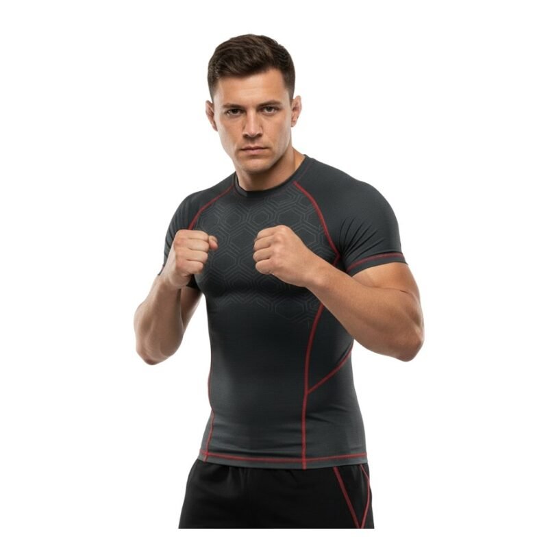 Model wearing black MMA short sleeve compression shirt demonstrating performance fit and athletic design