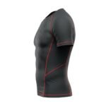 MMA short sleeve compression shirt in black, side view showing athletic fit and performance design
