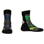 Pair of MMA training socks laid flat, featuring mid-length cuffs, reinforced heel and toe areas, and a patterned non-slip grip sole.