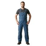 Man wearing work overalls, front view on plain background.