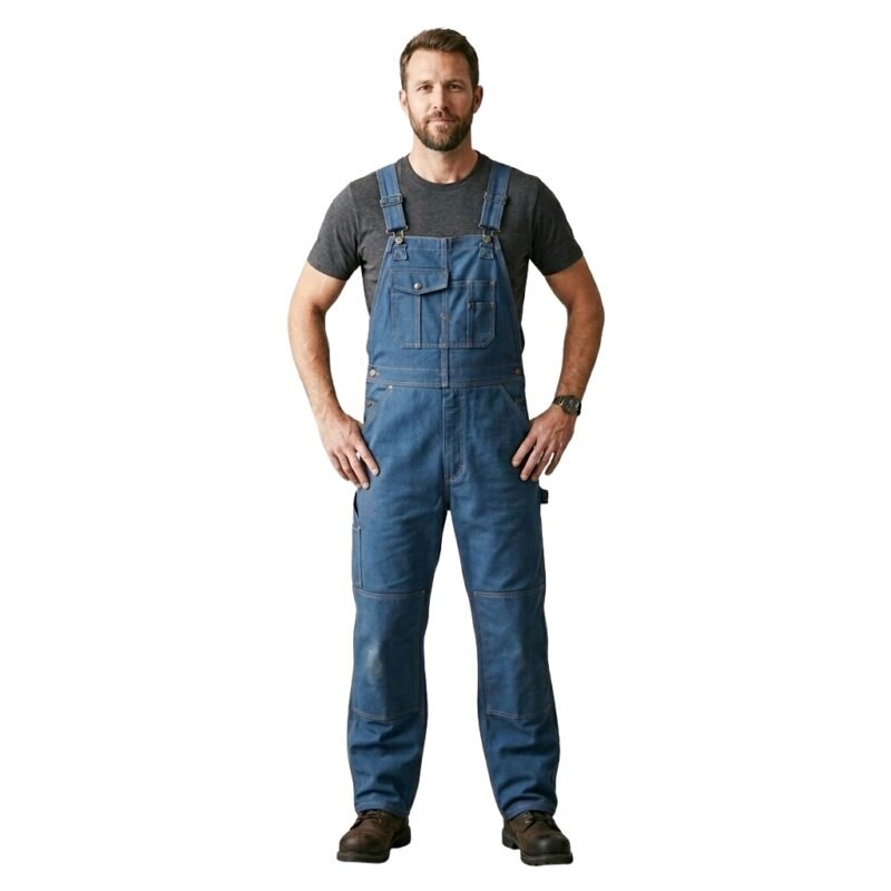 Man wearing work overalls, front view on plain background.