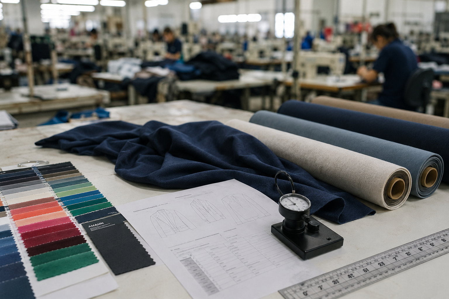 Fabric sourcing in garment manufacturing factory – fabric rolls, color swatches and GSM tester on work table