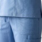 Close-up view of nurse dress material and fabric texture.