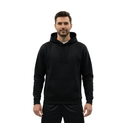 Male model wearing a men’s badminton performance hoodie, shown from the front with the hood down, long sleeves, and a clean athletic fit suitable for warm‑ups, training, and casual wear.