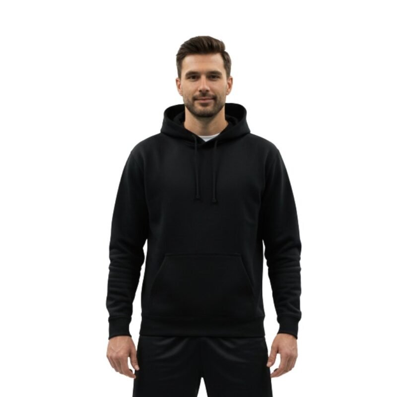 Male model wearing a men’s badminton performance hoodie, shown from the front with the hood down, long sleeves, and a clean athletic fit suitable for warm‑ups, training, and casual wear.