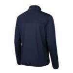 Close‑up front view of a men’s badminton jacket with zipper pockets, focusing on the stand collar, full‑zip front, and small chest logo icon.