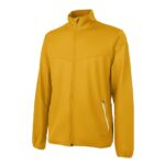 Front view of a men’s yellow badminton jacket with zipper pockets, featuring a full‑zip front, stand collar, long sleeves, and a small chest logo icon in bright yellow performance fabric.