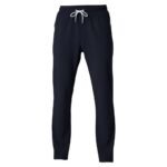 Front view logo icon on men’s badminton pants made from lightweight performance fabric, shown on a plain background.