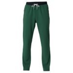 Front view logo icon on men’s badminton pants made from lightweight performance fabric, shown on a plain background.
