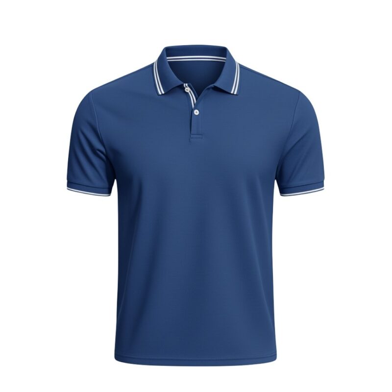 Men’s short-sleeve badminton polo shirt laid flat, showing the collar, placket, and athletic fit.